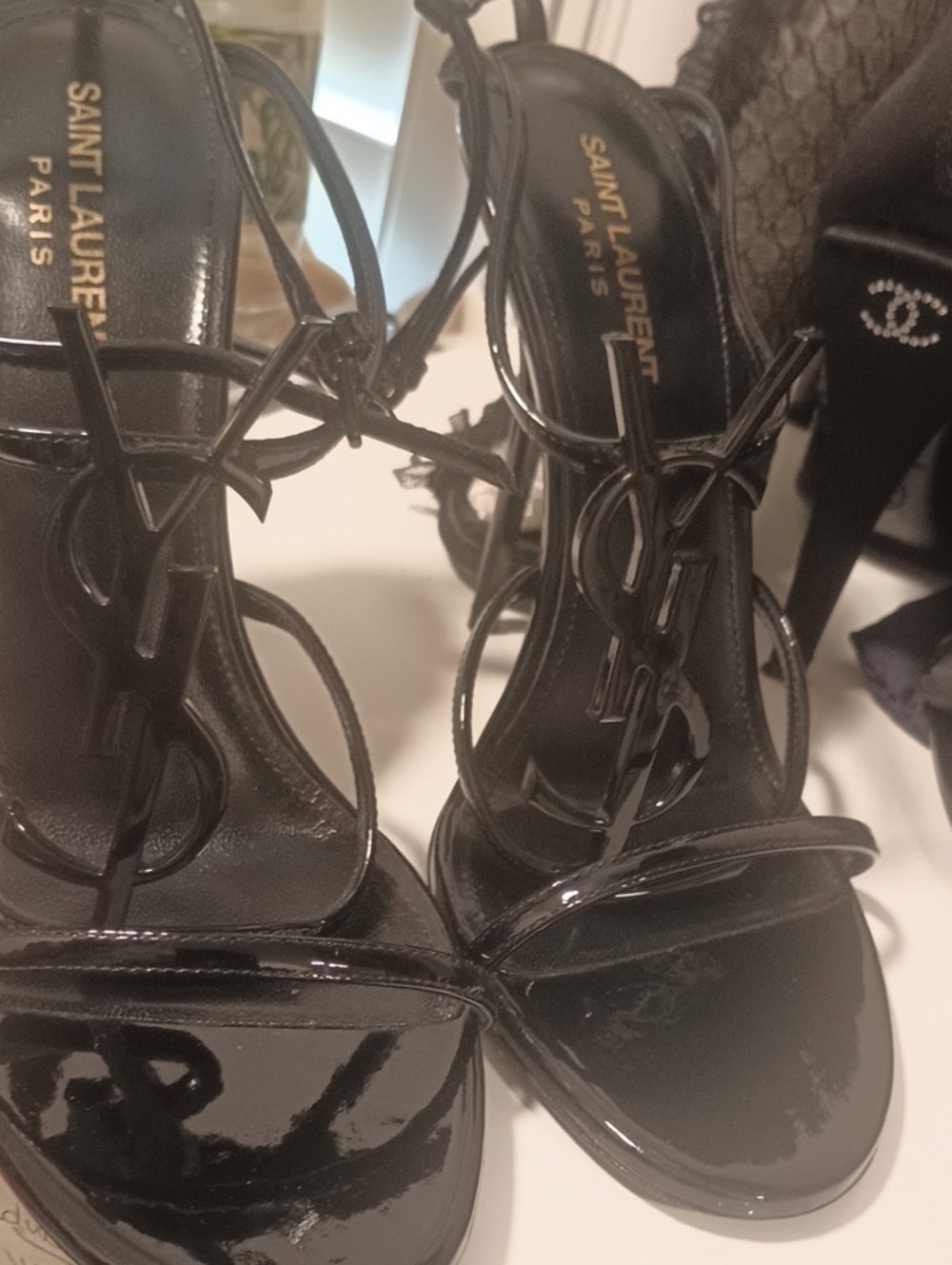 Saint Laurent Shiny Black Strappy Heels